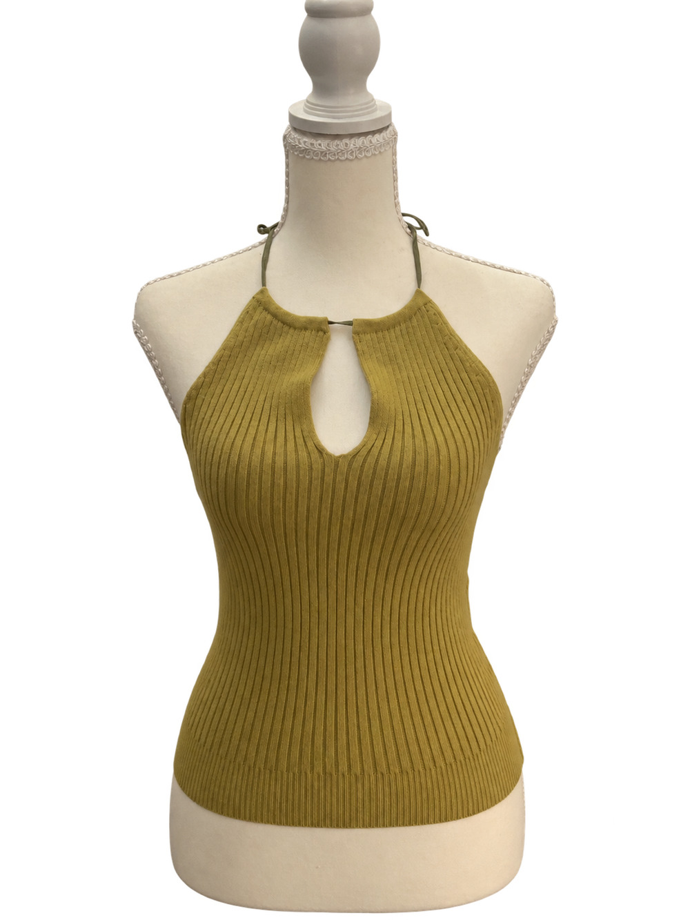 J.Crew Olive Green Ribbed Knit Halter Top Keyhole Y2K XS
